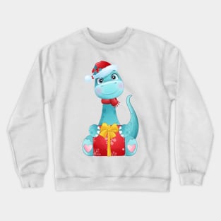 Cute Blue Diplodocus Christmas Dinosaur With Santa Hat Crewneck Sweatshirt